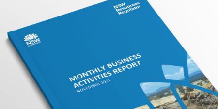 Image of a Resources Regulator report laying on a white background with the words monthly business activities report November 2021.