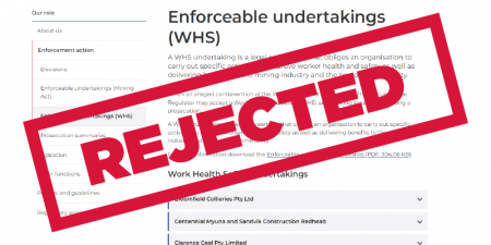 Screenshot of the Enforceable Undertakings webpage with the word 'rejected' in a red box overlayed.