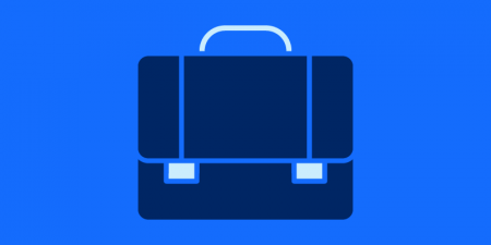 Illustrated icon of a brief case on a blue background.