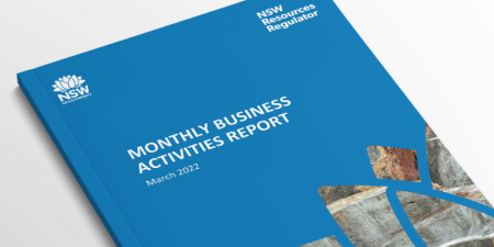 Image of a Resources Regulator report laying on a white background with the words monthly business activities report March 2022.