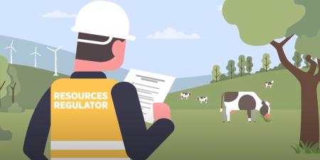 Illustration of a resources regulator inspector looking at paperwork/ There is farmland, cows and trees in the background.