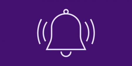Line drawing of a bell on a purple background.