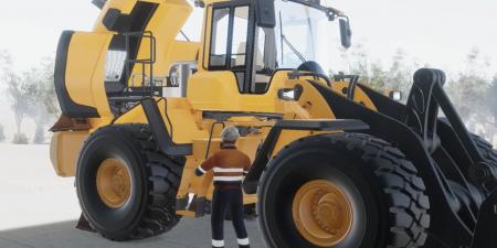 An animated representation of a worker standing in front of a yellow wheel loader.