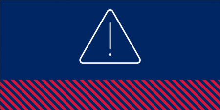 An exclamation mark in a triangle on a navy background, with red graphical lines.