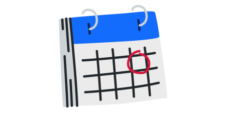 Graphic of a calendar without numbers, and a red circle around one of the squares.