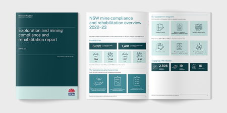 The front cover and a spread of the Annual exploration and mining compliance and rehabilitation report 2022–23 on a grey background